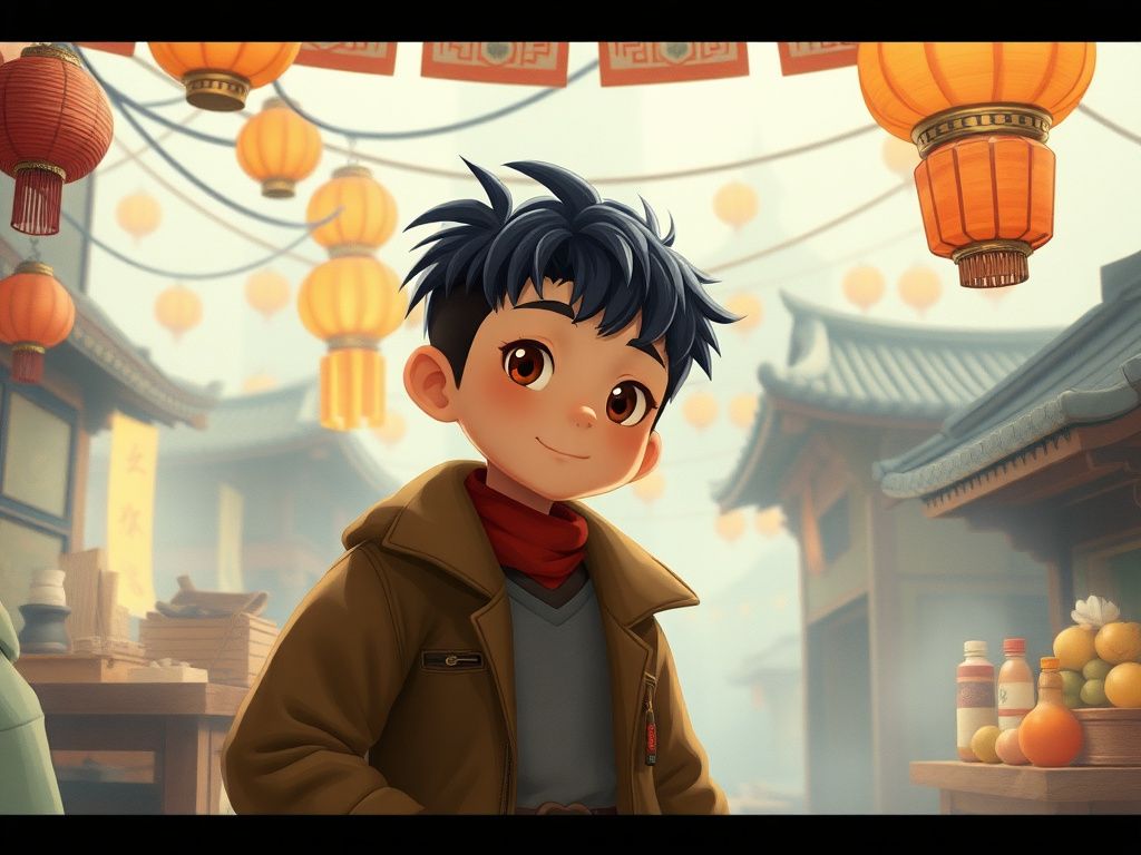 Chinese animation young detective in an ancient market