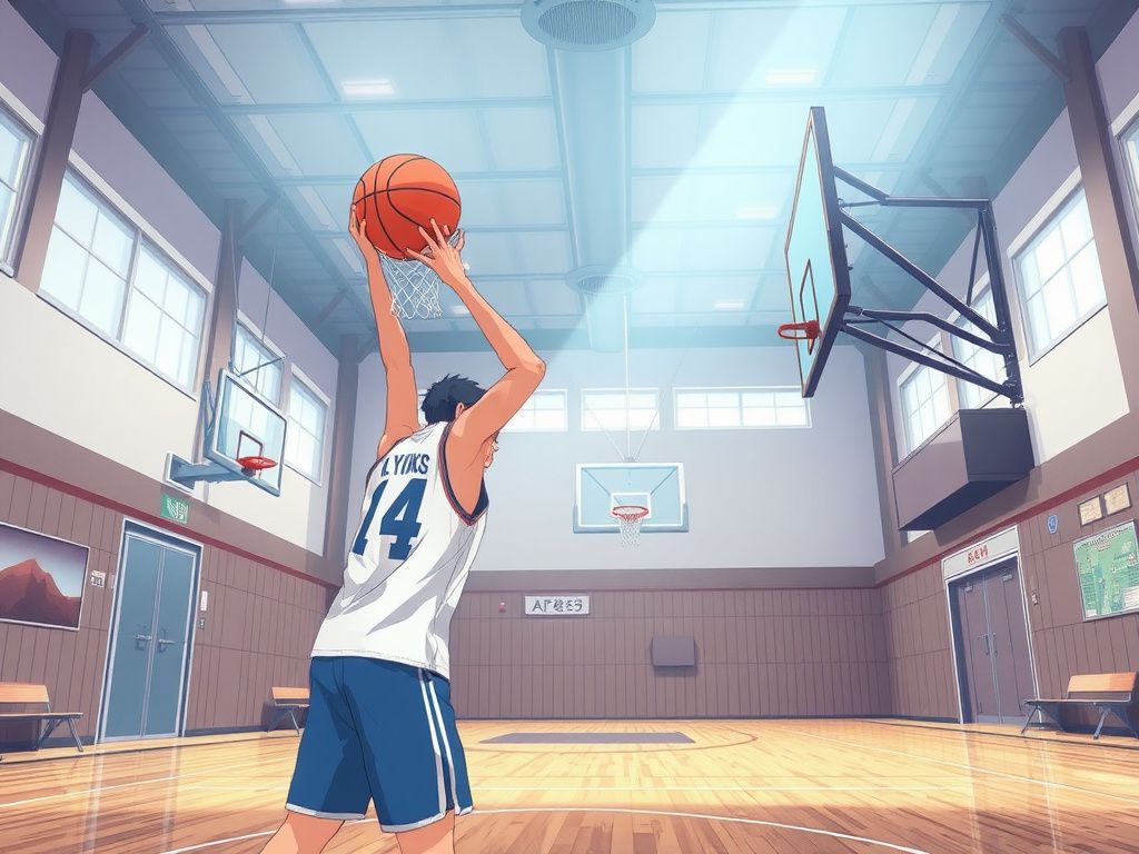 Japanese animation basketball player in a school gym