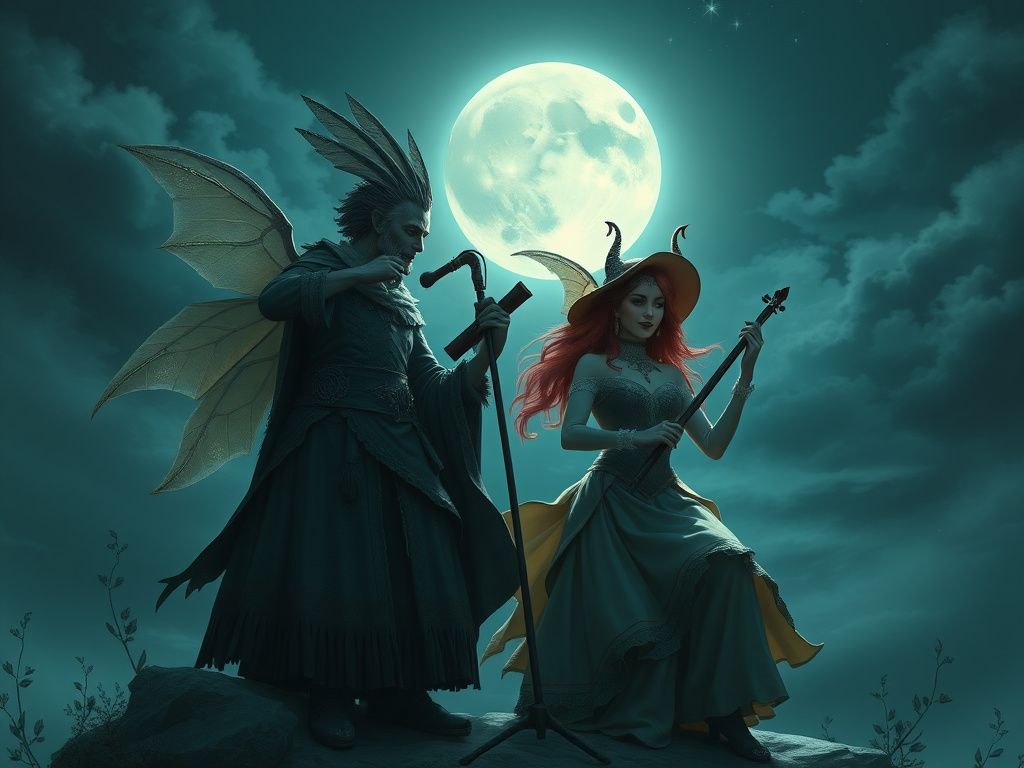 Two fantasy musicians performing under a moonlit sky