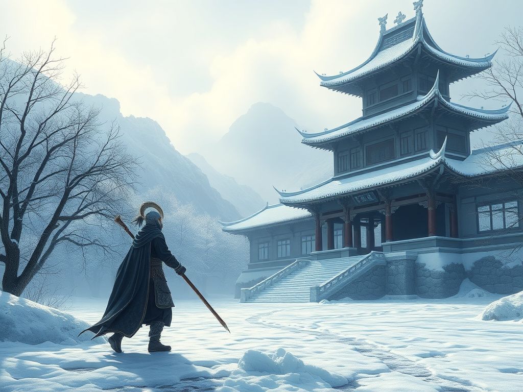 Korean fantasy warrior beside a frozen palace