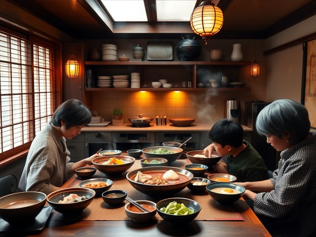 A warm Japanese kitchen with steaming bowls and family dinner