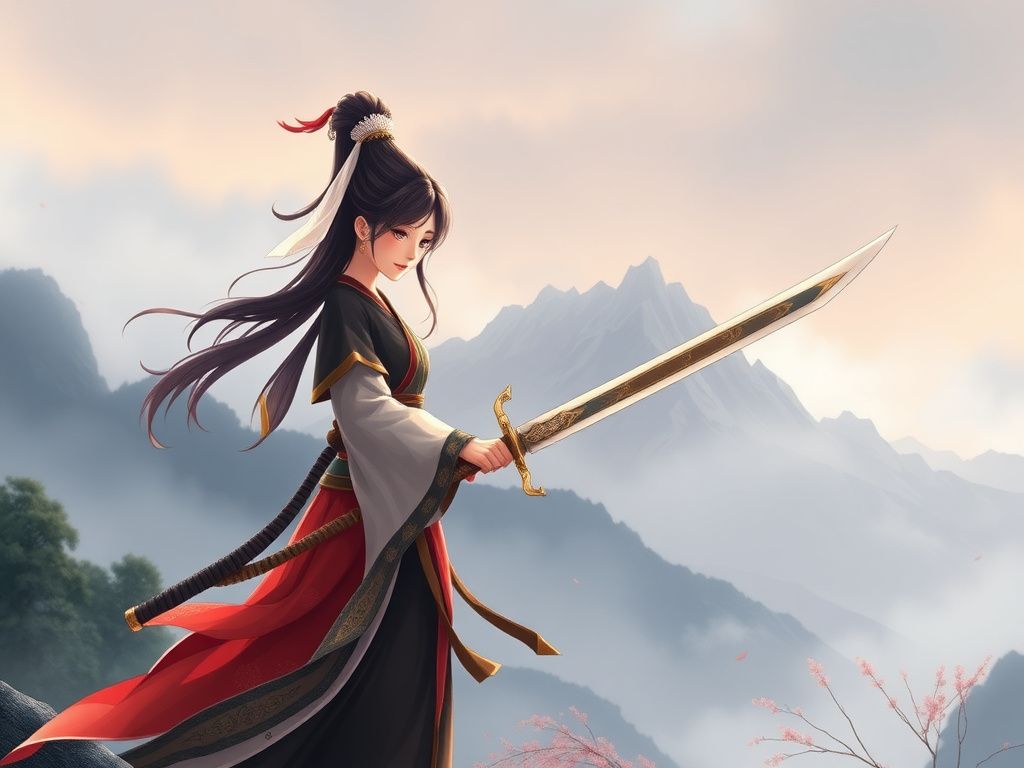 Chinese animation swordswoman beside a misty mountain