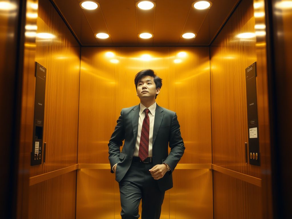 Korean office worker in a dramatic golden elevator