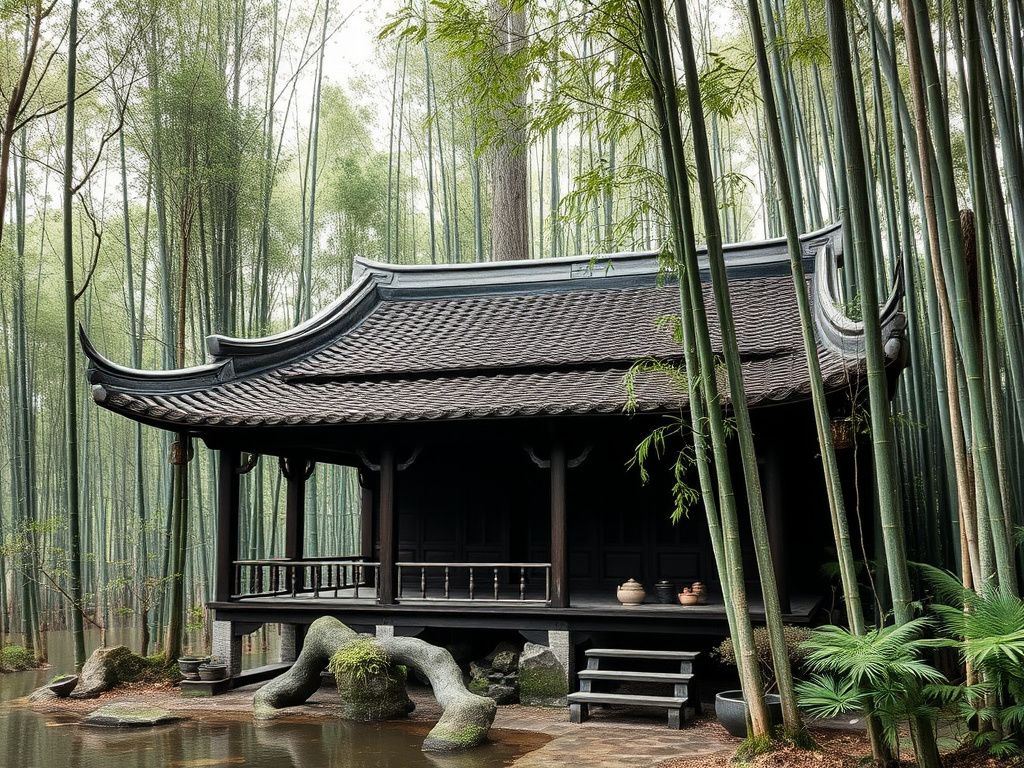 Ancient Chinese tea house beside a bamboo forest