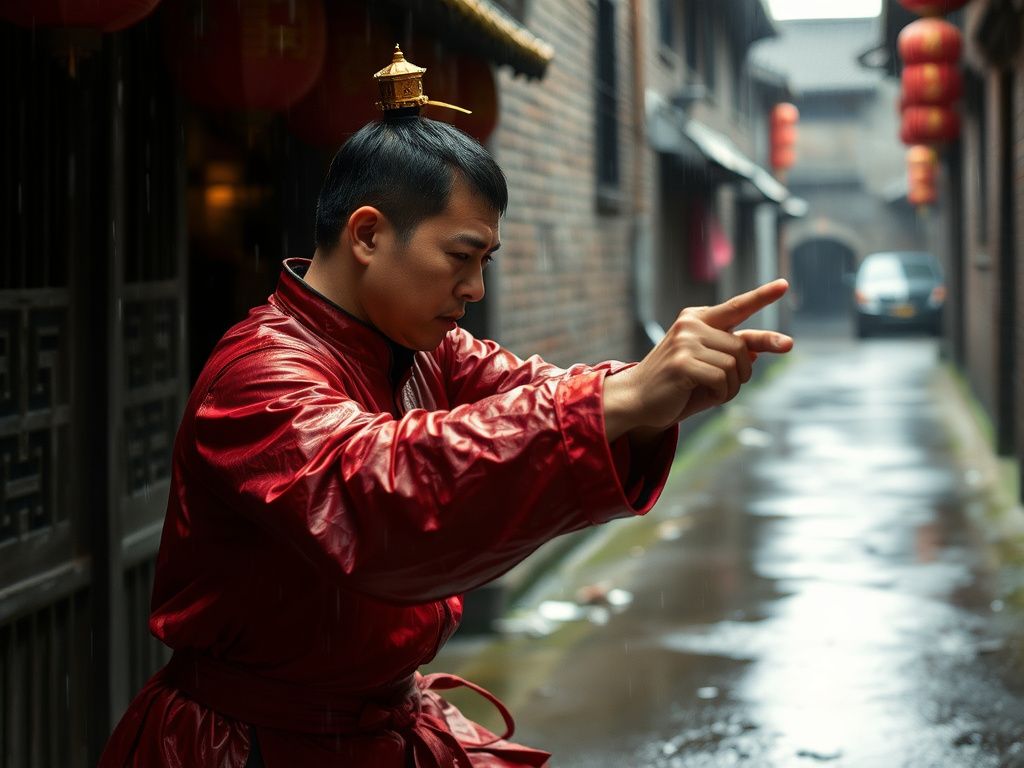 Chinese martial artist in a rain-soaked ancient alley