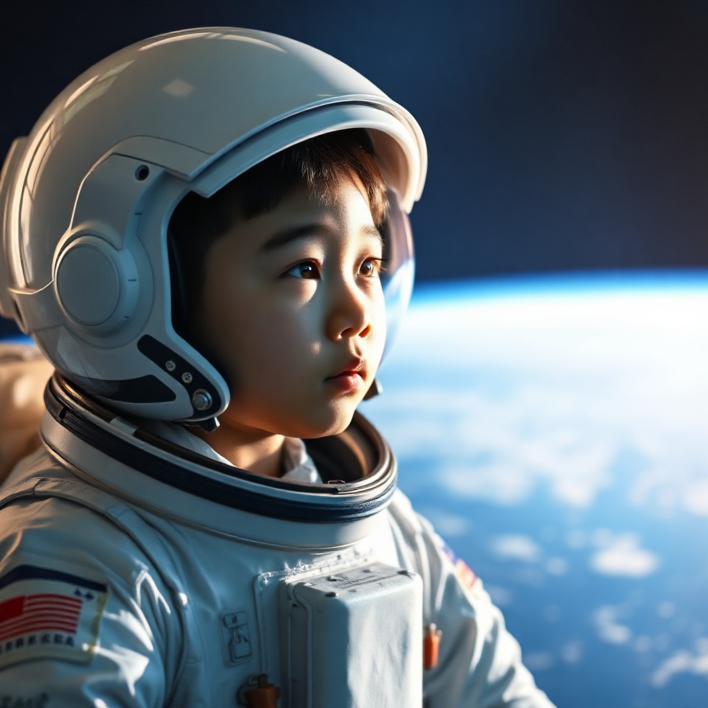 Young Chinese astronaut looking at a blue planet