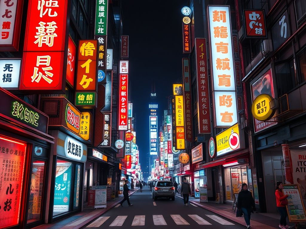 A futuristic Tokyo street glowing with neon signs at night