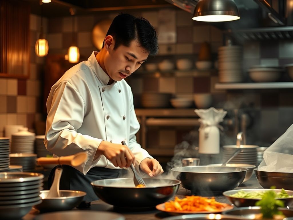 Korean chef preparing a dish in a warm restaurant kitchen