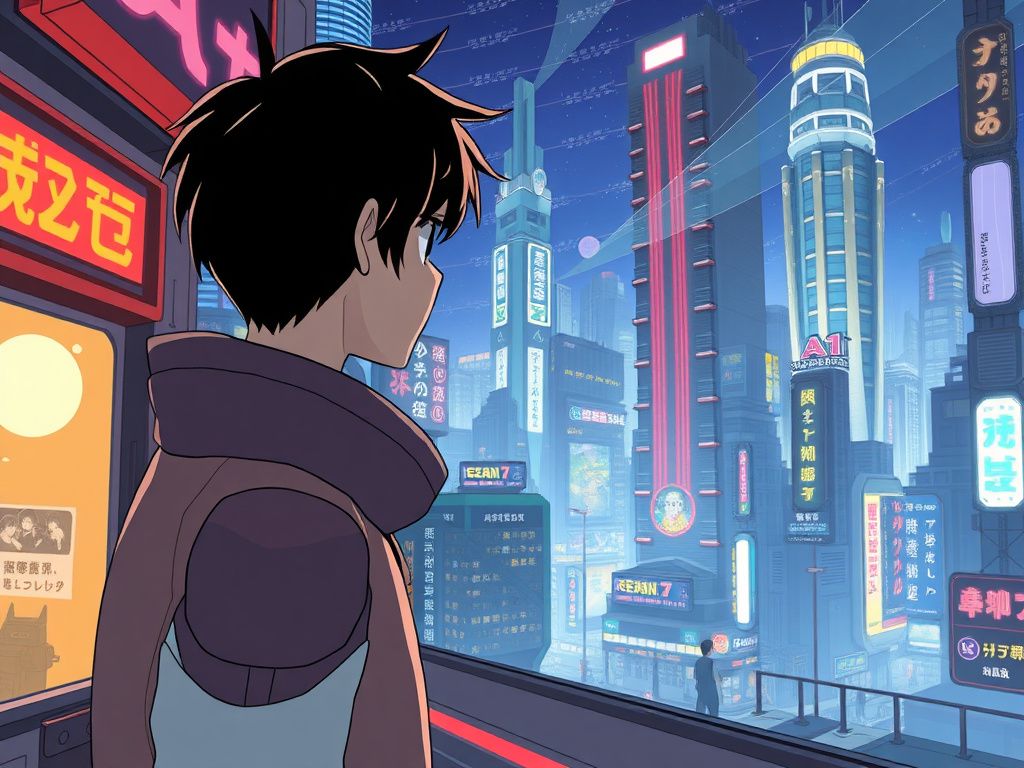 Japanese animation pilot looking at a futuristic city