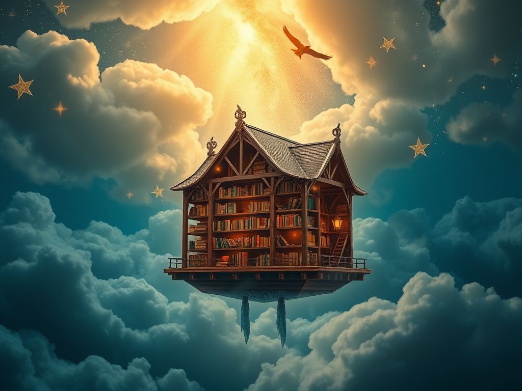 A magical library floating among clouds and stars
